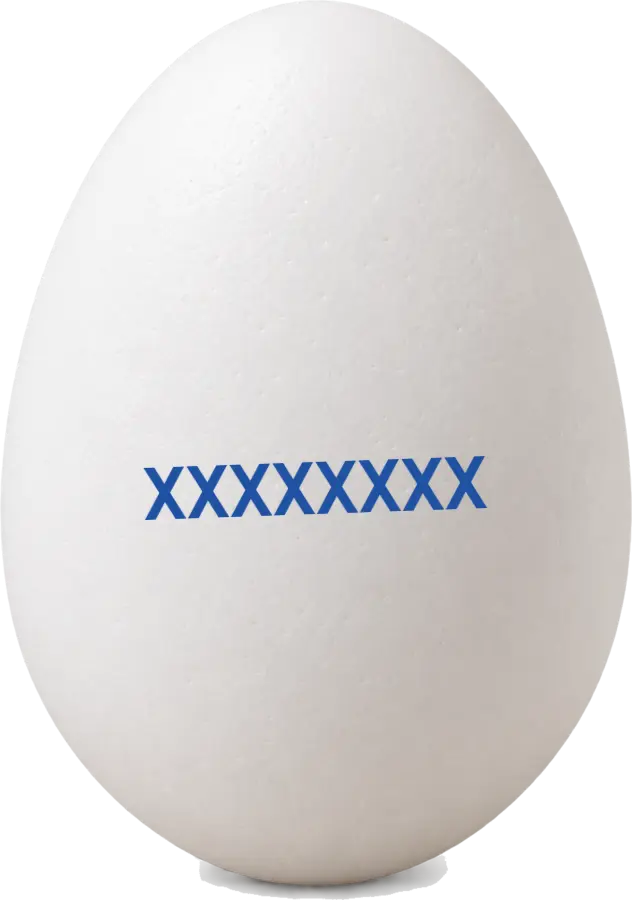 Huevo blanco con el código azul XXXXXXXX impreso en la cáscara